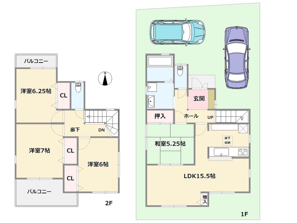 Floor plan. 26,800,000 yen, 4LDK, Land area 105.8 sq m , Building area 95.57 sq m land is available 2 cars parking in the more than 30 square meters! Local is a 12-month scheduled to be completed in the now building. 