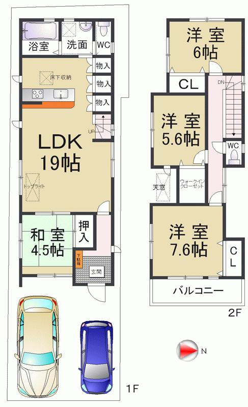 Floor plan. 39,800,000 yen, 4LDK, Land area 102.69 sq m , Building area 101.73 sq m LDK has features leisurely about 19 Pledge 4.5 Pledge of Japanese-style room, It's very spacious
