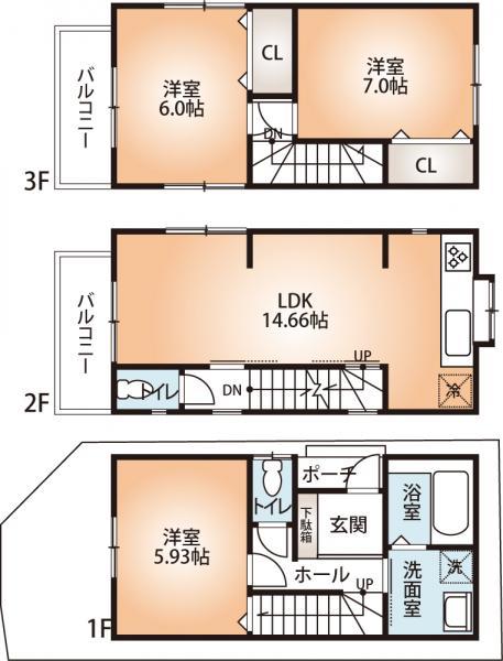 Floor plan. 23,300,000 yen, 3LDK, Land area 46.02 sq m , Building area 84.99 sq m Floor