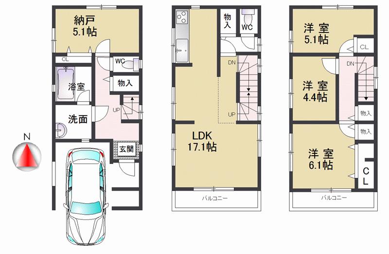 Floor plan. 30,800,000 yen, 2LDK + 2S (storeroom), Land area 76.01 sq m , Building area 109.92 sq m LDK is possible two car parking that there relaxed about 17.1 Pledge