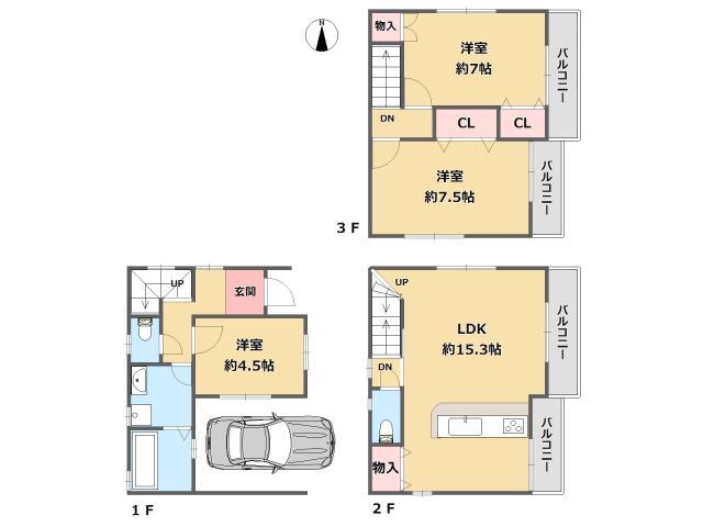 Floor plan. 22,800,000 yen, 4LDK, Land area 50.95 sq m , Building area 90.72 sq m 3LDK + garage