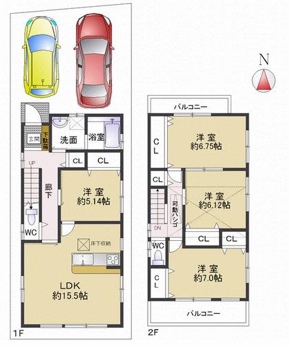 Floor plan. 34,800,000 yen, 4LDK, Land area 95.8 sq m , Since the adjacent land building and the distance of the building area 99.62 sq m south is free will in a bright living of the south-facing