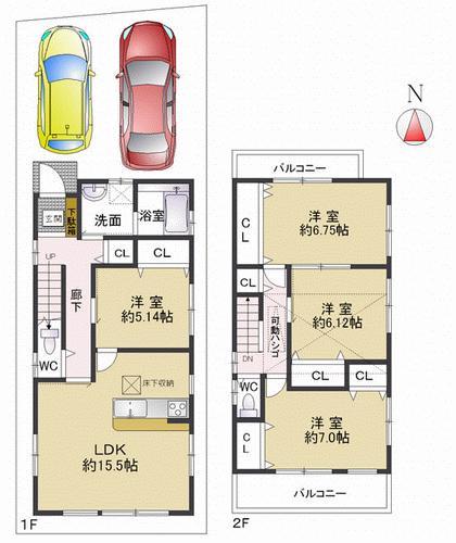 Floor plan. North-South double-sided balcony Also in each room comfortably accommodating + corridor was provided with each floor housing LDK also 15.5 Pledge of spacious design