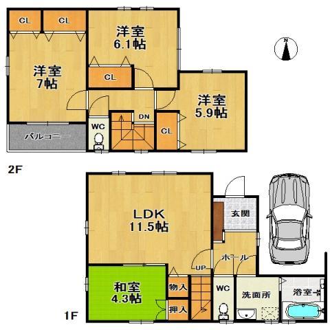 Floor plan. 28.8 million yen, 4LDK, Land area 80.09 sq m , Building area 90.1 sq m 4LDK + parking one Allowed