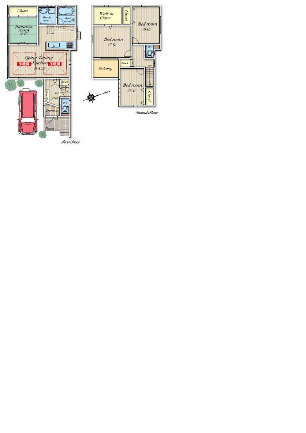 Building plan example (floor plan). Building plan example (E No. land) 4LDK, Land price 21,275,000 yen, Land area 94.87 sq m , Building price 15,225,000 yen, Building area 95.58 sq m
