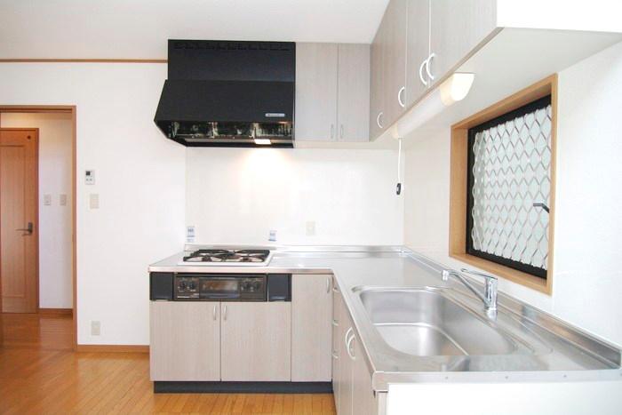 Bathroom. L-shaped kitchen with an emphasis on ease of use