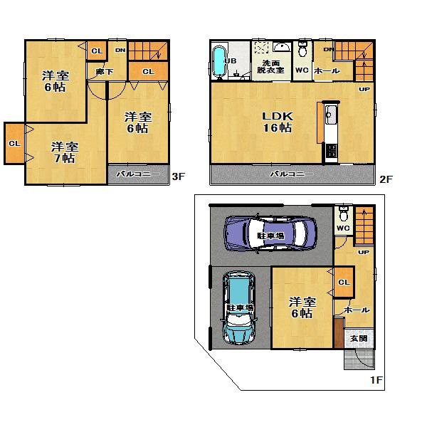 Other. 3-storey plan Parking 2 cars Building price 14 million yen