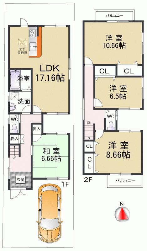Floor plan. 31.5 million yen, 4LDK, Land area 110.93 sq m , Building area 115.02 sq m parking two possible above, There is garden space is two places, Day, Ventilation, It is a large property that combines the convenience of