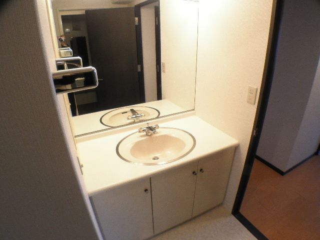 Washroom. Wash basin of two people side by side with a large mirror that can be toothpaste