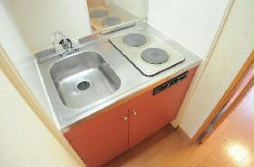 Kitchen. Also spread the width of the dishes in the two-burner stove