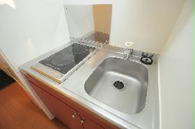 Kitchen. Also spread the width of the dishes in the two-burner stove