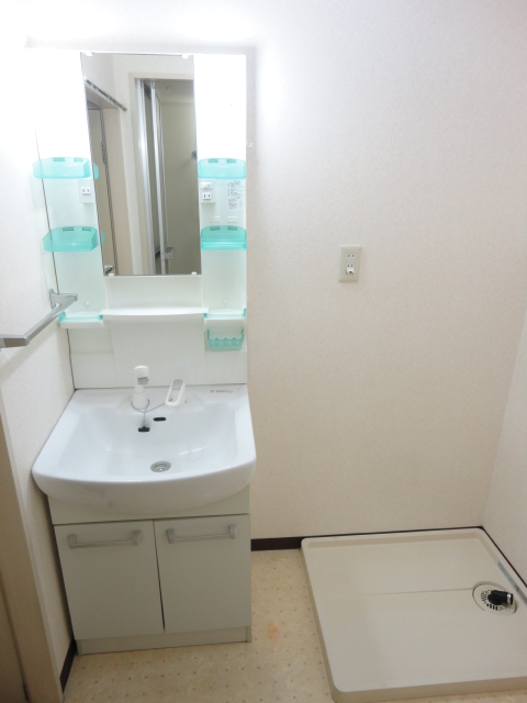 Washroom. Wash basin and washing machine inside the room with shower!