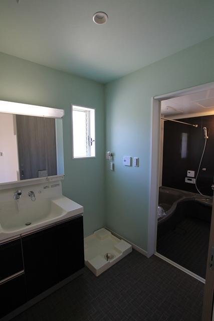 Wash basin, toilet. We also offer plans that incorporate a storage shelf in the washroom. 