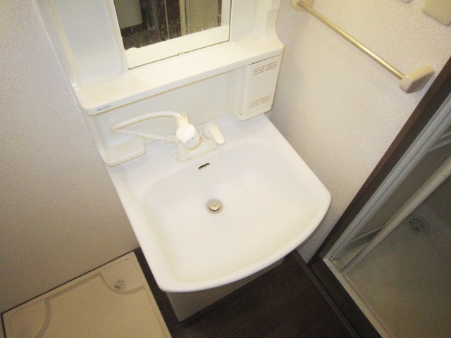 Washroom. Washbasin glad shower in the morning