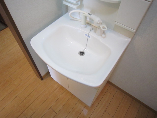 Washroom. Washbasin glad shower in the morning