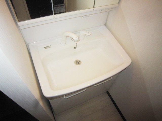 Washroom. Washbasin glad shower in the morning