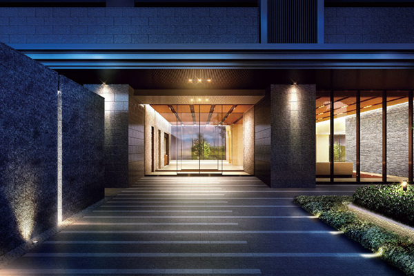 Features of the building.  [entrance] Entrance at night, It changes its look to rich. Lamp to illuminate the feet faintly, Light shine like beckon Hall. From the town of time to private time, Suitable flavor as approach space to my home has been is coined (Rendering)