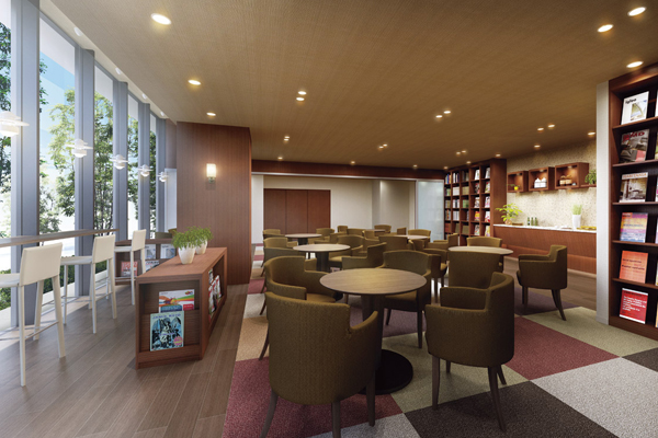Shared facilities.  [Library & Cafe] Set up a library and a cafe that was open to the community. magazine ・ Book ・ In addition to the view, such as children's books, Such as language classes are also scheduled to be held on (some pay. Rendering)