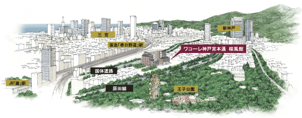 Surrounding environment. North various cultural institutions and educational facilities meet Prince Park (a 12-minute walk ・ About 950m) close to the educational zone around, The south side is the location, which was blessed with close to downtown commercial facility of enhancement such as Sannomiya and HAT Kobe gather (Exterior view and a local peripheral illustrations)