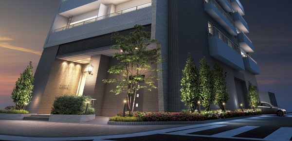 Features of the building.  [Entrance approach] Been arranged, people trees and flowers to accompany the natural kindness, Entrance approach to enhance the beautiful impression. Beige tile is used for the wall, It has become a design finished with elegant taste. To underserved delicate sensibility is also the beginning lighting plan the down light, Has been directing elegant space using a quaint outdoor lights (Rendering)
