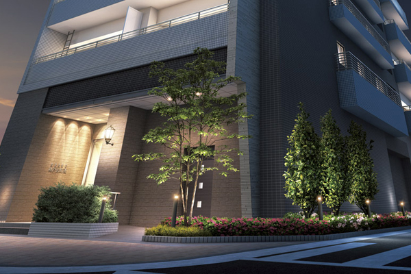 Buildings and facilities. Been arranged, people trees and flowers to accompany the natural kindness, Entrance approach to enhance the beautiful impression. Beige tile is used for the wall, It has become a design finished with elegant taste. To underserved delicate sensibility is also the beginning lighting plan the down light, Has been directing elegant space using a quaint outdoor lights (Entrance Rendering)