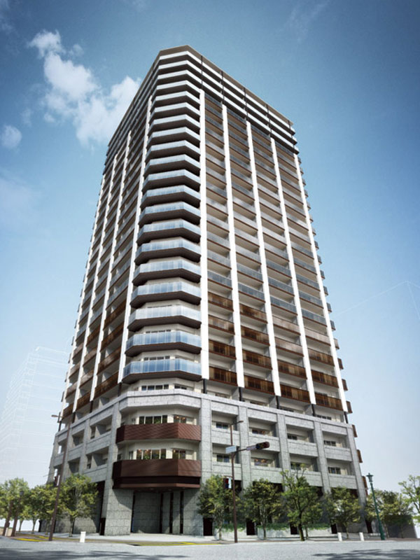 Features of the building.  [appearance] From the foundation portion provided with the texture of the stone reminiscent of western architecture, Pure white Marion leading to the sky. Balcony panel surrounding the dwelling unit periphery, Connect into the sky from the ground the city of Kobe, Continuous design has been expressed. Also, Facade top, The south-facing corner has transparent glass that out reflects the sunlight and the sky beautifully is adopted (Rendering)