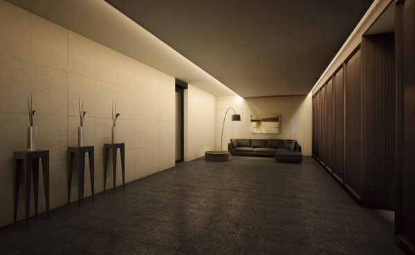 Features of the building.  [Entrance hall] Entrance Hall connecting from the entrance to the elevator hall.  Fine and directing the warmth of the light by the wood and indirect lighting in a simple spatial composition.  From town to My Home, Unroll the heart, Is an important space to be reset (Rendering)