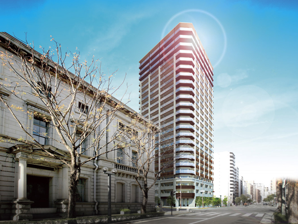 Along the two main load of Sakaemachidori and Harbour Road, CG synthesis local peripheral photo (December 2011 shooting) in appearance Rendering which arranged the building in an L-shape (in fact a slightly different)