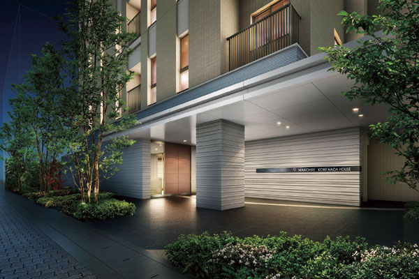 Features of the building.  [Entrance approach] Entrance led to the Green Promenade, Produce a sense of quality in the border tiles of stoneware with a texture. Providing a sharp eaves is to approach the front, It is magnificent full of space (Rendering)