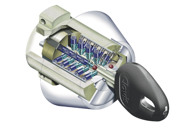 Security.  [High performance dimple cylinder] It has also of key pattern about 5 trillion ways, Incorrect lock and prevents unauthorized duplication, such as picking (conceptual diagram)