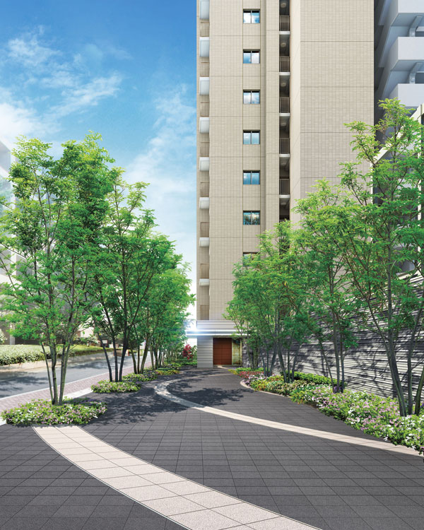 Buildings and facilities. Green promenade that colored the along the road of the site east rhythmic planting. Side-by-side Shimanetoriko of Takagi to Shigella leaves throughout the year to the left and right, Produce a space of up to entrance approach. Such as Hiradotsutsuji and Satsuki, Trees adorned to bloom from spring to early summer. Such as the horizontal entrance planting Christmas Rose bloom in the spring from winter, We deepen the peace given to living a rich sense of the season (Rendering)