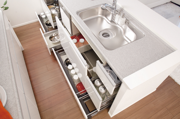 Kitchen.  [Sliding storage] Storage of system kitchens, It can be effectively utilized in the prone cabinet in a dead space, Sliding storage has been adopted ( ※ 18)