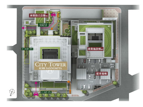 Features of the building.  [Land Plan] Bring the green of moisture to the streets, North Garden which arranged the street trees of camphor tree. Black bamboo, East Garden which arranged the trees bloom Kumazasa and flowers. It is Daira Kana landscape to form a green network ※ 2 industries such as details of each store is part undecided (2013 January) ( ※ 3)