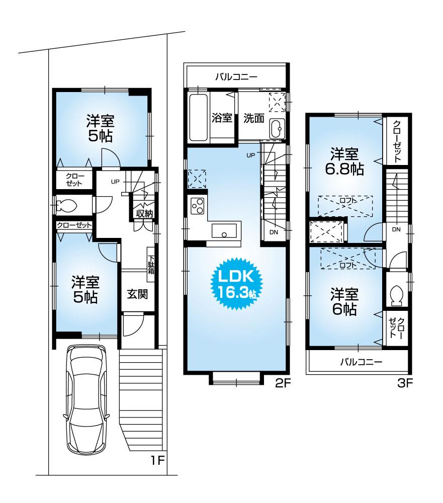 Floor plan. 35,800,000 yen, 4LDK, Land area 68.34 sq m , Building area 93.64 sq m loose quires LDK16.3! Loft 2 months ownership! Two-sided balcony!