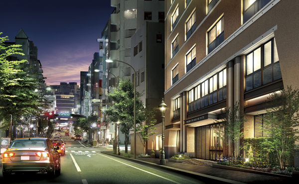 Features of the building.  [entrance] And nostalgic flavor that has been nurtured in the long month, Facing the Tor Road with modern glitz to harmony, Magnificent High appearance mark the original beauty. Each time you get back, It is design to feel the pride (has been CG synthesizing the entrance Rendering to local neighborhood photo (October 2013 shooting), In fact a slightly different)