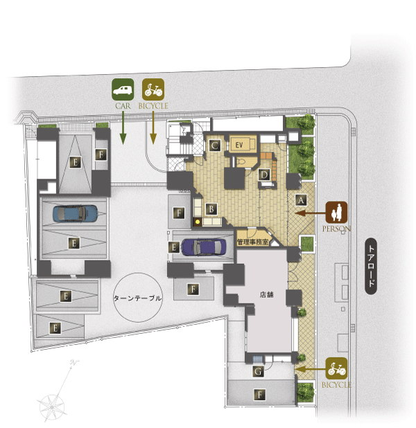 Features of the building.  [Land Plan] Parking is reserved 11 cars on site. Consideration of the safety of the site, And the root of people come and go in the building, It divided the route the car and out of the parking lot, Ayumu car isolation design has been adopted (site layout)