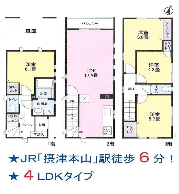 Floor plan. 42,800,000 yen, 4LDK, Land area 43.68 sq m , Building area 103.05 sq m