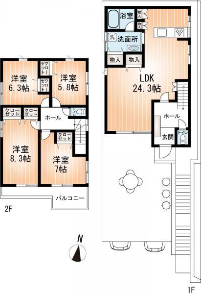 Floor plan. 62,800,000 yen, 4LDK, Land area 149.73 sq m , Is a mansion with a building area of 121.49 sq m spacious garden!