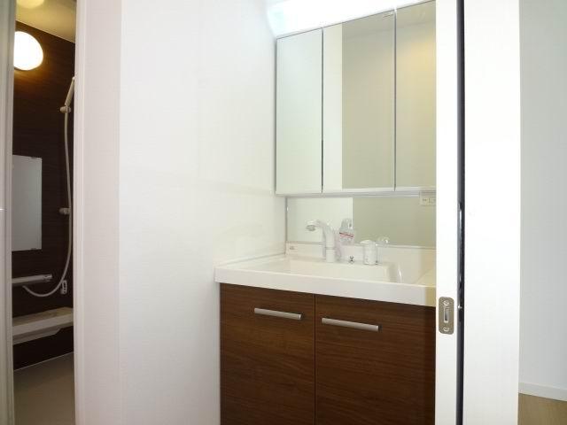 Wash basin, toilet. 2nd floor powder room. Shampoo dresser with a three-way mirror cabinet.