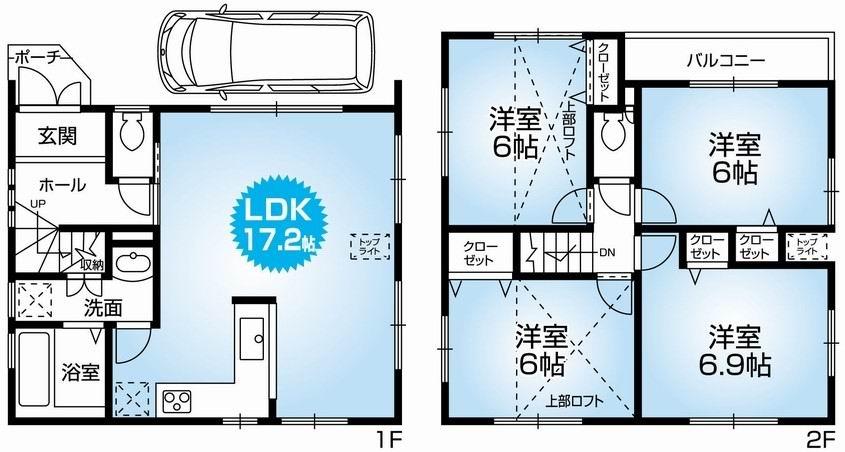 Floor plan. 29,800,000 yen, 4LDK, Land area 69.27 sq m , Building area 97.41 sq m Mato (4LDK). Newly built one detached houses with car port. Life convenient flat land. With loft. 