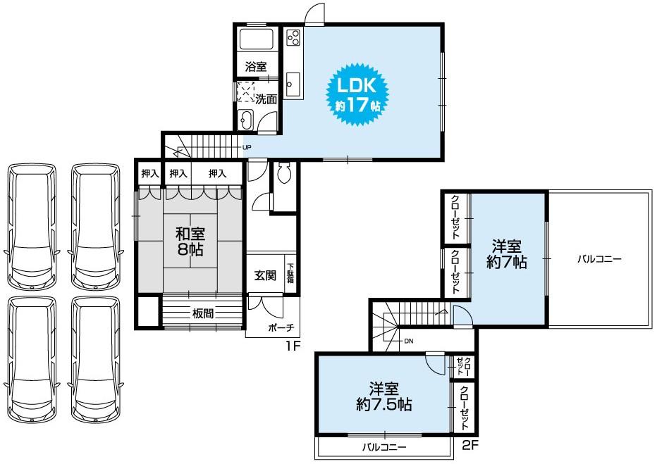 Floor plan. 45,800,000 yen, 3LDK, Land area 226.23 sq m , Building area 103.02 sq m Mato (4LDK). Four parking Yes carport. Site 55 tsubo ・ One detached houses with garden.