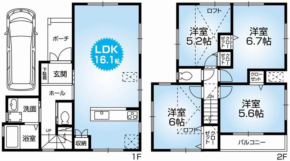 Floor plan. 30.5 million yen, 4LDK, Land area 72.83 sq m , Building area 88 sq m Mato (4LDK). Newly built one detached houses with car port. Life convenient flat land. Well-equipped ・ specification. 5M public road surface. Clean readjustment land within the rooftops.