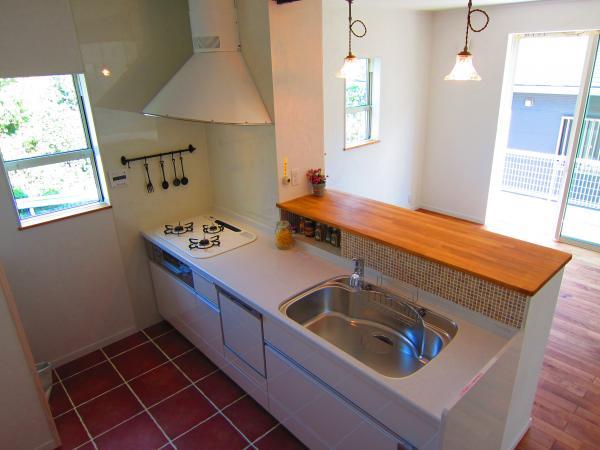 Kitchen. Stylish lamp in a dome type of range hood. The kitchen is a gas stove! 