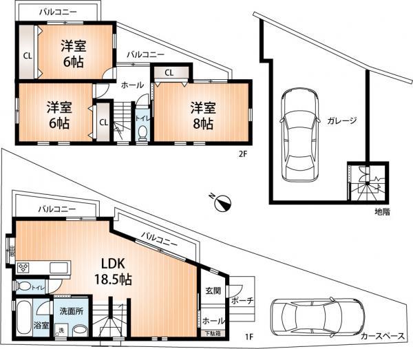 Floor plan. 59,800,000 yen, 3LDK, Land area 100.84 sq m , Building area 124.09 sq m 3LDK + underground parking