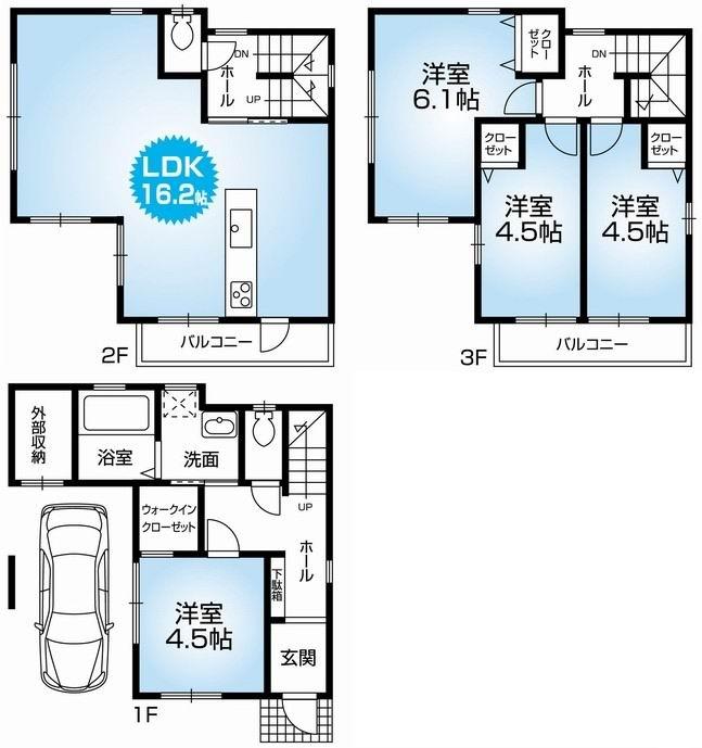 Floor plan. 23.8 million yen, 4LDK, Land area 54.76 sq m , Building area 98.55 sq m Mato (4LDK). Newly built one detached houses with car port. Happy to parking cars facing the 6M public roads. Well-equipped ・ specification. 