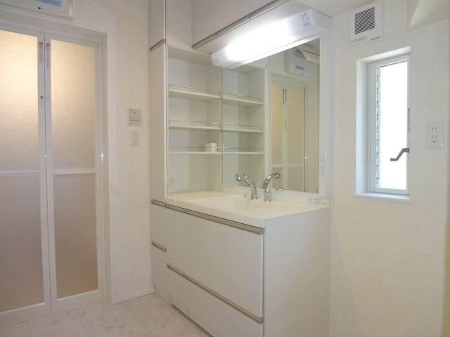 Wash basin, toilet. First floor powder room. System with storage Shampoo dresser.