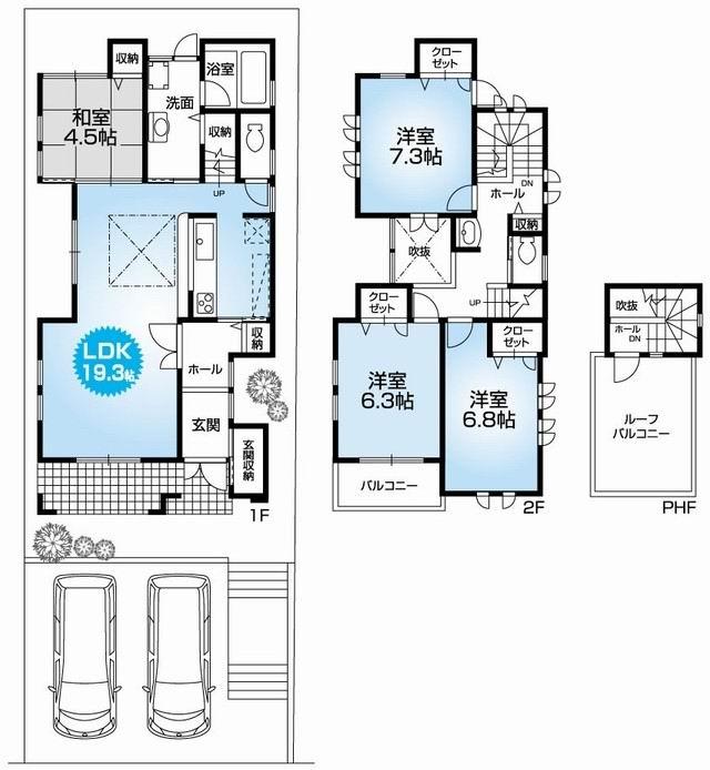 Floor plan. 29,800,000 yen, 4LDK, Land area 136.51 sq m , Building area 111.1 sq m Mato (4LDK). Site 41 square meters ・ Two garage ・ Newly built one detached houses with rooftop roof balcony. Nantei ・ Fukinuki with 4LDK. Seismic Grade 3 acquisition.