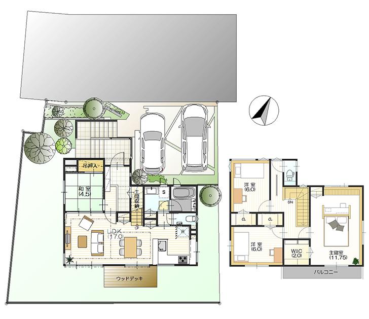 Floor plan.  [No. 1 destination] So we have drawn on the basis of the Plan view] drawings, Plan and the outer structure ・ Planting, such as might actually differ slightly from.  Also, furniture ・ car ・ The household appliances not included in the price. (WIC = walk-in closet)