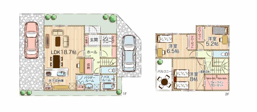 Model house photo.  [Phase 3 No. 8 locations Floor plan]  Site area: 115.58 sq m (34.96 square meters) Total floor area: 105.16 sq m (31.81 square meters) 1F floor area: 56.31 sq m  2F floor area: 48.85 sq m car park two + shoes closet + walk-in closet + hut UraOsamu
