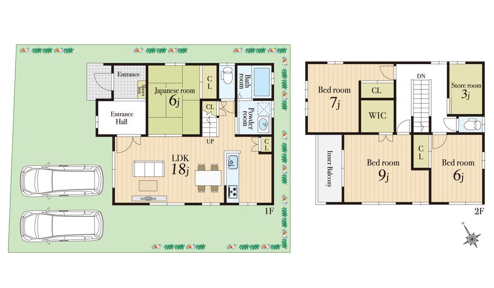 Compartment view + building plan example. Building plan example (No. 13 locations) 4LDK + S, Land price 18,610,000 yen, Land area 161.94 sq m , Building price 17,168,000 yen, Building area 120.89 sq m